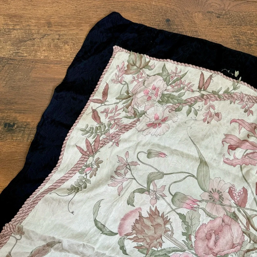Hiroko for Dozo Cream / Pink Floral  Black Trim Silk Scarf